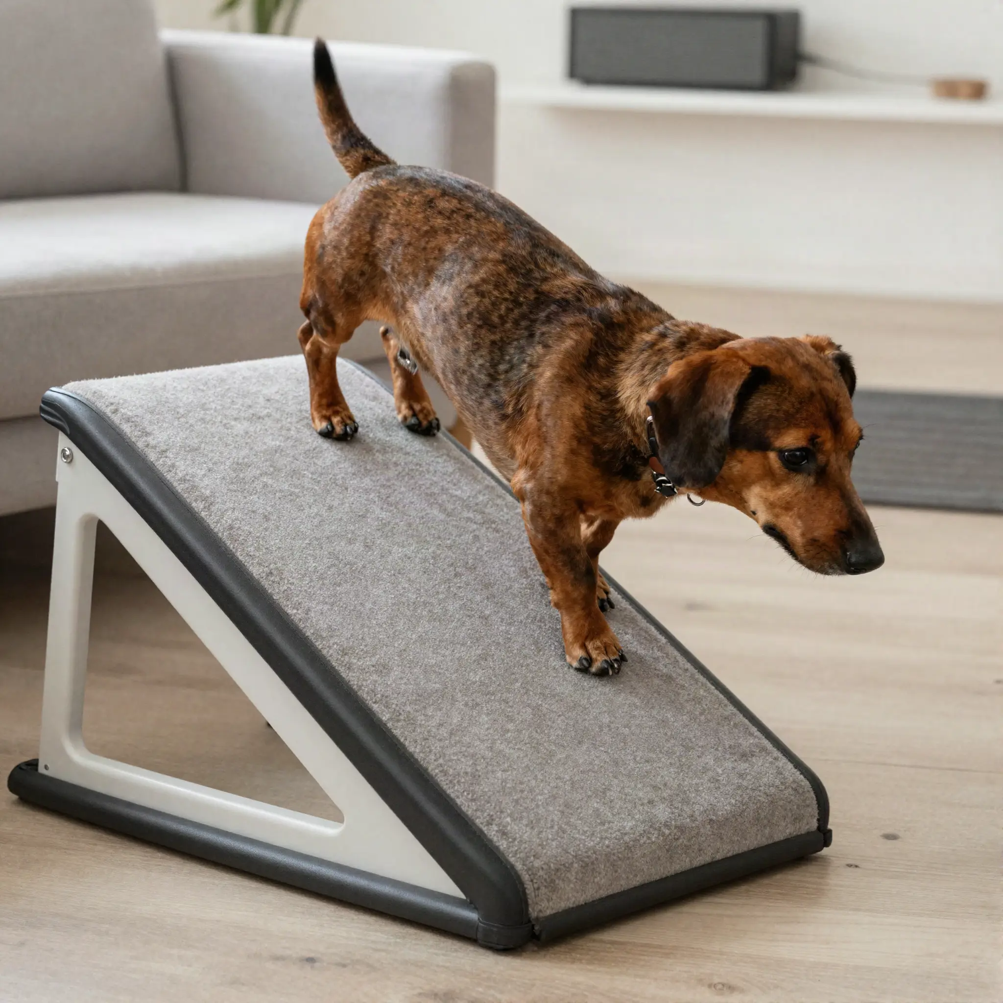 Dachshund using a ramp to get off the couch